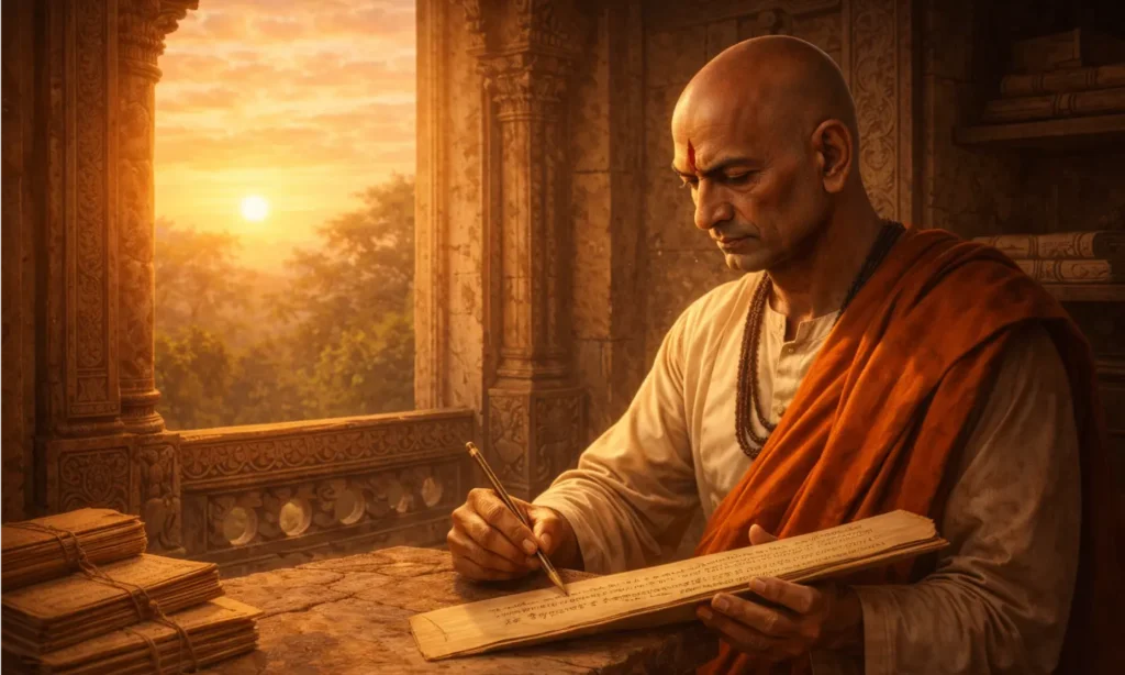 Illustration showing Chanakya, the scholar writing Arthashastra